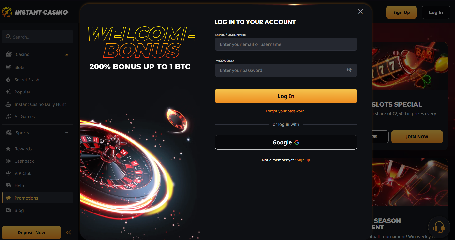Casino login page with 200% welcome bonus up to 1 BTC, secure email and password fields, and Google sign-in on a premium dark interface.