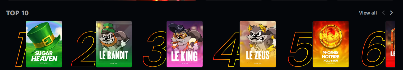 Top 10 casino games section showcasing popular slots like Sugar Heaven, Le Bandit, and Phoenix Hotfire with ranked carousel display.