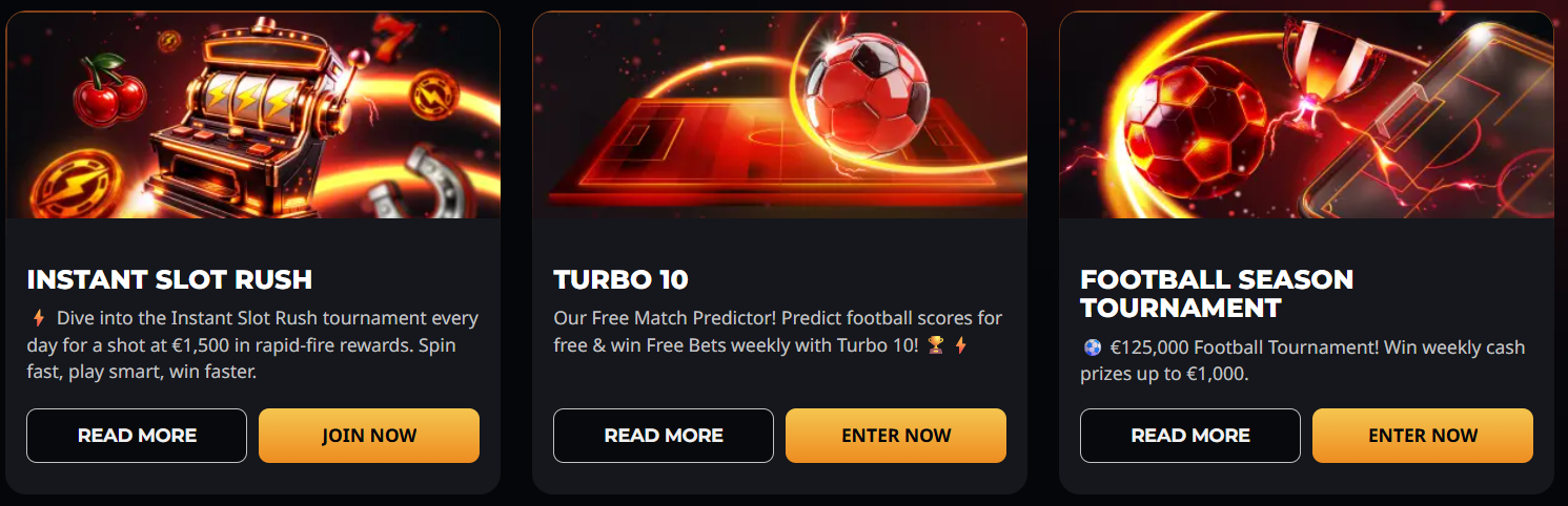 Casino tournaments and promotions section featuring slot rush, match predictor, and football tournament with cash prizes and join now CTAs.